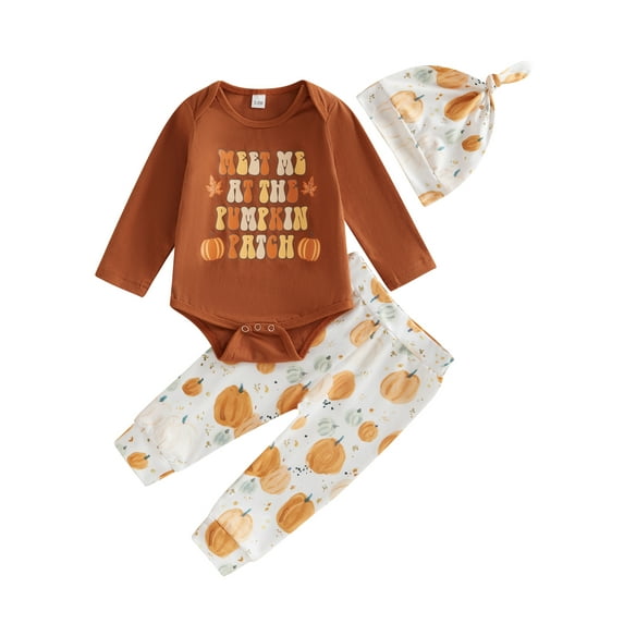 3-Piece Baby Toddler Boys Girls Halloween Clothing Set 0 3 6 12 18 Months Letter Pumpkin Print Long Sleeve Romper Long Pants Hat Outfits