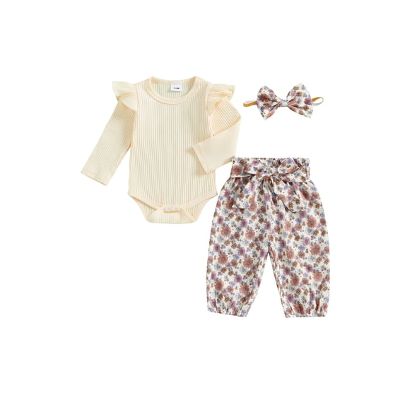 3-Piece Baby Toddler Girls Clothing Set 0 3 6 12 18 24 Months Long Sleeve Round Neck Ruffled Ribbed Romper Floral Trousers Hair Band Outfits
