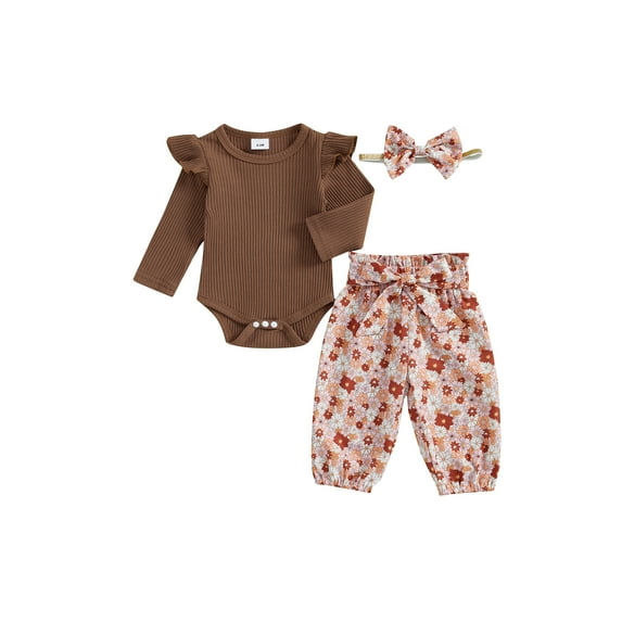 3-Piece Baby Toddler Girls Clothing Set 0 3 6 12 18 24 Months Long Sleeve Round Neck Ruffled Ribbed Romper Floral Trousers Hair Band Outfits