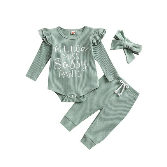 3-Piece Baby Toddler Girls Ribbed Clothing Set 0 3 6 12 18 Months Letter Print Long Sleeve Round Neck Ruffled Romper Trousers Hair Band Outfits