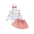 thumbnail image 1 of 3-Piece Baby Toddler Girls Skirt Clothing Set 3 6 9 12 18 24 Months Heart Print Long Sleeve Ruffled Ribbed Tops Bow Short Skirt Headband Outfits, 1 of 9