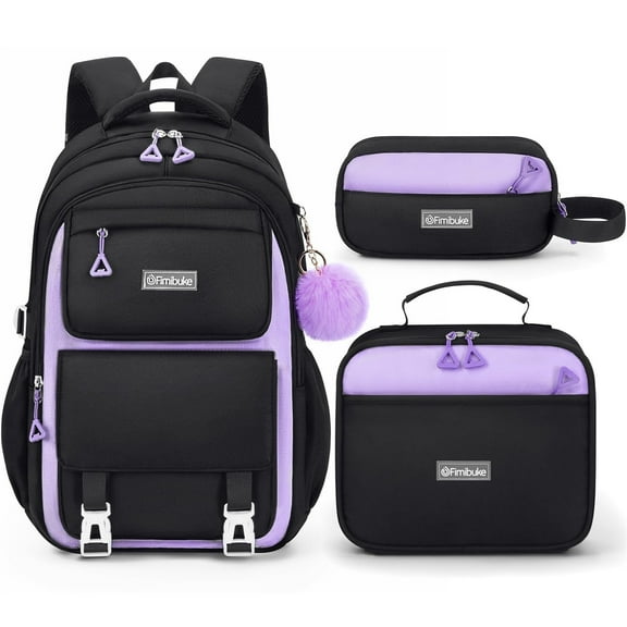 3-Piece Backpack Set - Cute Backpack with Lunch Bag & Pencil Case, Black & Purple