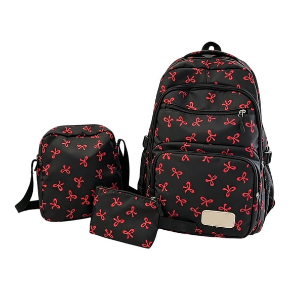 3 Piece Backpack Set, Cute Red Bow Design, Lightweight Nylon Bookbag, Water Resistant Durable Shoulder Bag with Lunch Box Pencil Case