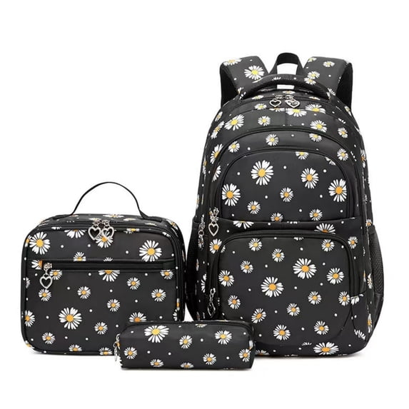 3-Piece Backpack Set,Large Capacity Daisy Print Backpack with Insulated Lunch Bag & Pencil Pouch,Waterproof with Laptop Compartment & Side Pocket