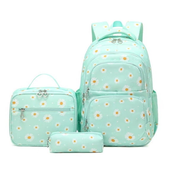3-Piece Backpack Set,Large Capacity Daisy Print Backpack with Insulated Lunch Bag & Pencil Pouch,Waterproof with Laptop Compartment & Side Pocket