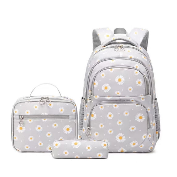 3-Piece Backpack Set,Large Capacity Daisy Print Backpack with Insulated Lunch Bag & Pencil Pouch,Waterproof with Laptop Compartment & Side Pocket