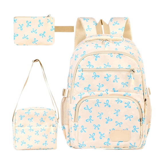 3 Piece Backpack Set Lightweight Nylon Bookbag with Lunch Box Pencil Case Cute Bow Design Large Capacity Multi-Pocket Water Resistant Durable Shoulder Straps, Light Blue