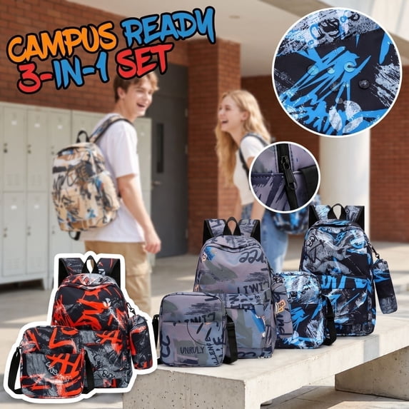 3-Piece Backpack Set for School Travel and Everyday Use Lightweight Nylon Graphic Backpack with Crossbody Bag