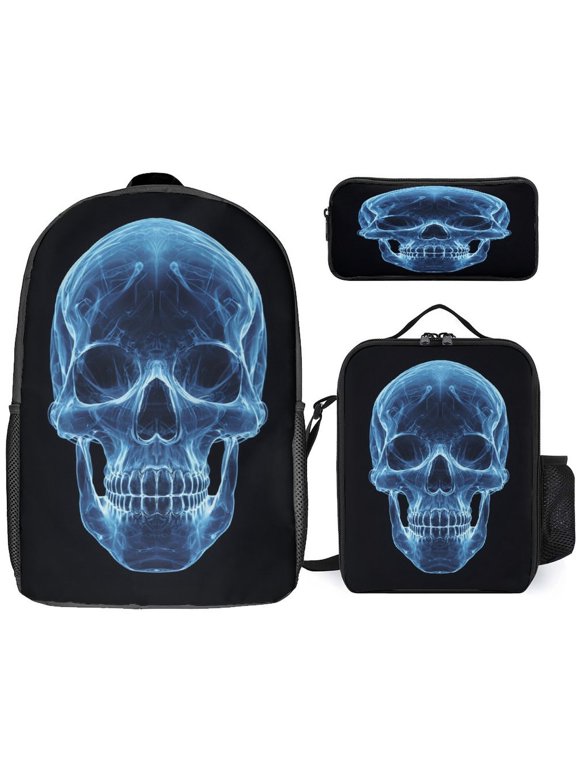 3 Piece Backpack Sets 17 Inch Bookbag, Insulated Lunch Bag & Pencil Case Combo, Xray Skull