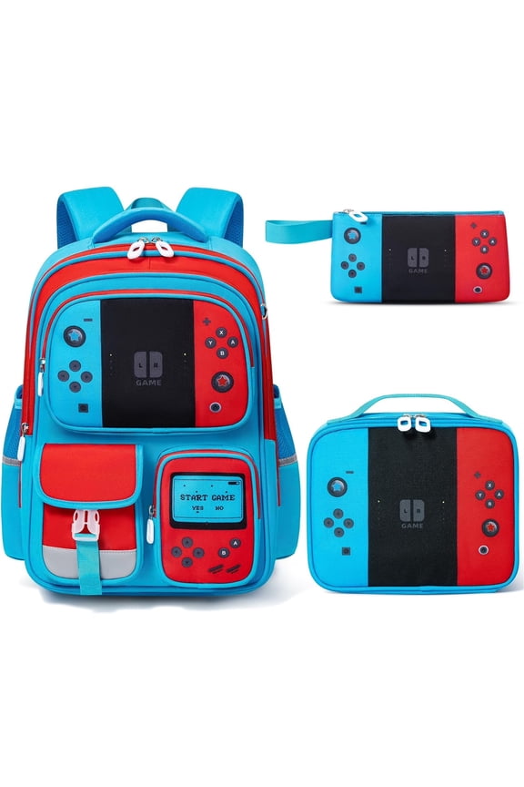 3-Piece Backpacks Set with Insulated Lunch Bag & Pencil Case for School Gamer Bookbag, Blue
