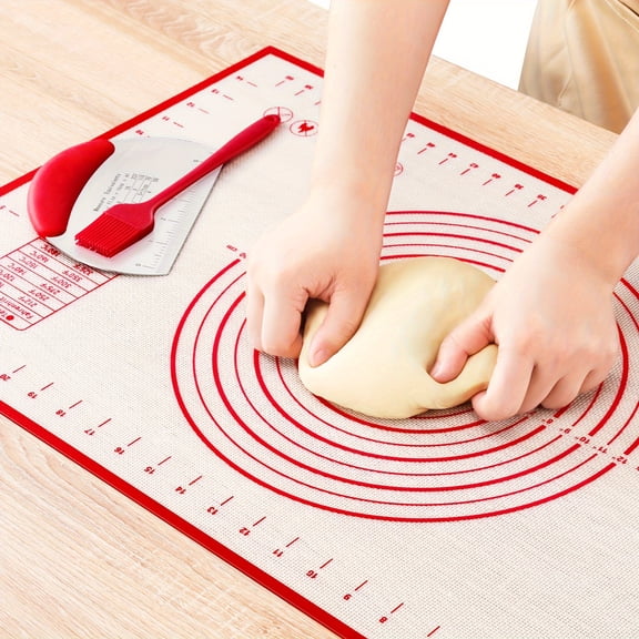3-Piece Baking Essentials Set - 16x24" Non-Stick Silicone Mat with Measurements, Dough Scraper & Silicone Brush | Pastry, Cookie & Bread Making Kit for Easy Food Release