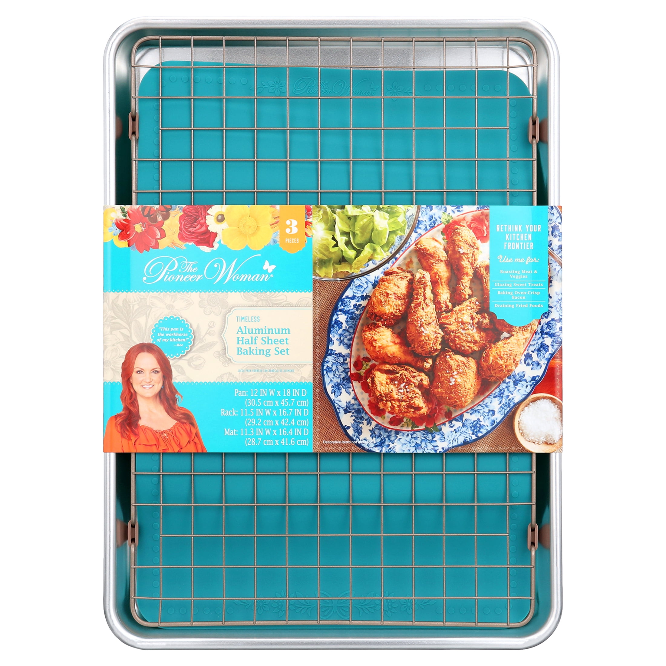 3 Piece Baking Set, Aluminum Half Sheet, Cooling Grid, Silicone Baking Mat, 12" x 18", The Pioneer Woman - Walmart.com