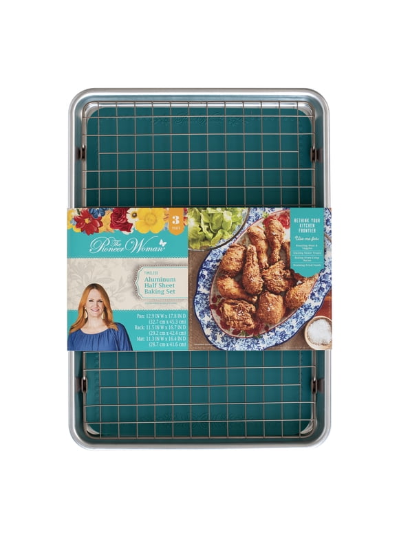 3 Piece Baking Set, Aluminum Half Sheet, Cooling Grid, Silicone Baking Mat, 12" x 18", The Pioneer Woman