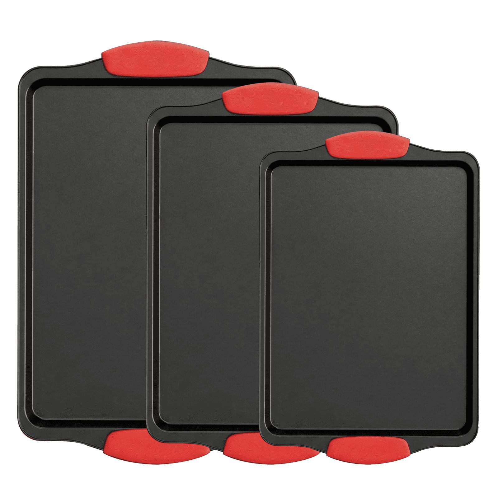 3-Piece Baking Sheet Set with Silicone Handles, Nonstick Cookie Sheets for Oven, Red