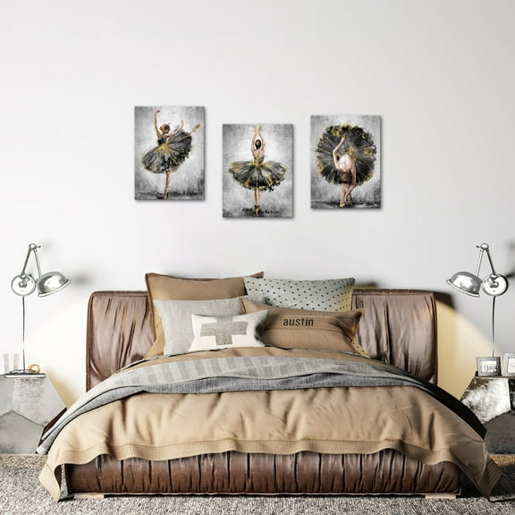 3 Piece Ballet Canvas Wall Art Ballerina Painting Picture Elegant Dancing Girl Art Prints for Bedroom Ready to Hang 12"x 16"x 3 pcs(Black)