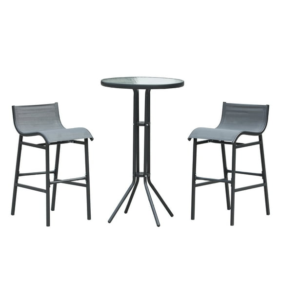 3 Piece Bar Height Bistro Set - Outdoor Patio Pub Table & 2 Chairs - Round Charcoal Gray - Modern Metal Furniture for Deck, Backyard, Balcony
