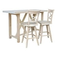 thumbnail image 1 of 3-Piece Bar Height Solid Wood Dining Set with 72" x 28" Table and 2 Cross Back Swivel 30 in. Seat Height Bar Stools - Unfinished, 1 of 8