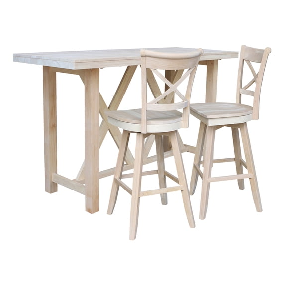 3-Piece Bar Height Solid Wood Dining Set with 72" x 28" Table and 2 Cross Back Swivel 30 in. Seat Height Bar Stools - Unfinished
