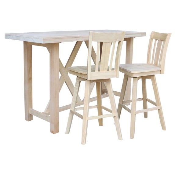 3-Piece Bar Height Solid Wood Dining Set with 72" x 28" Table and 2 Splat Back Swivel 30 in. Seat Height Bar Stools - Unfinished