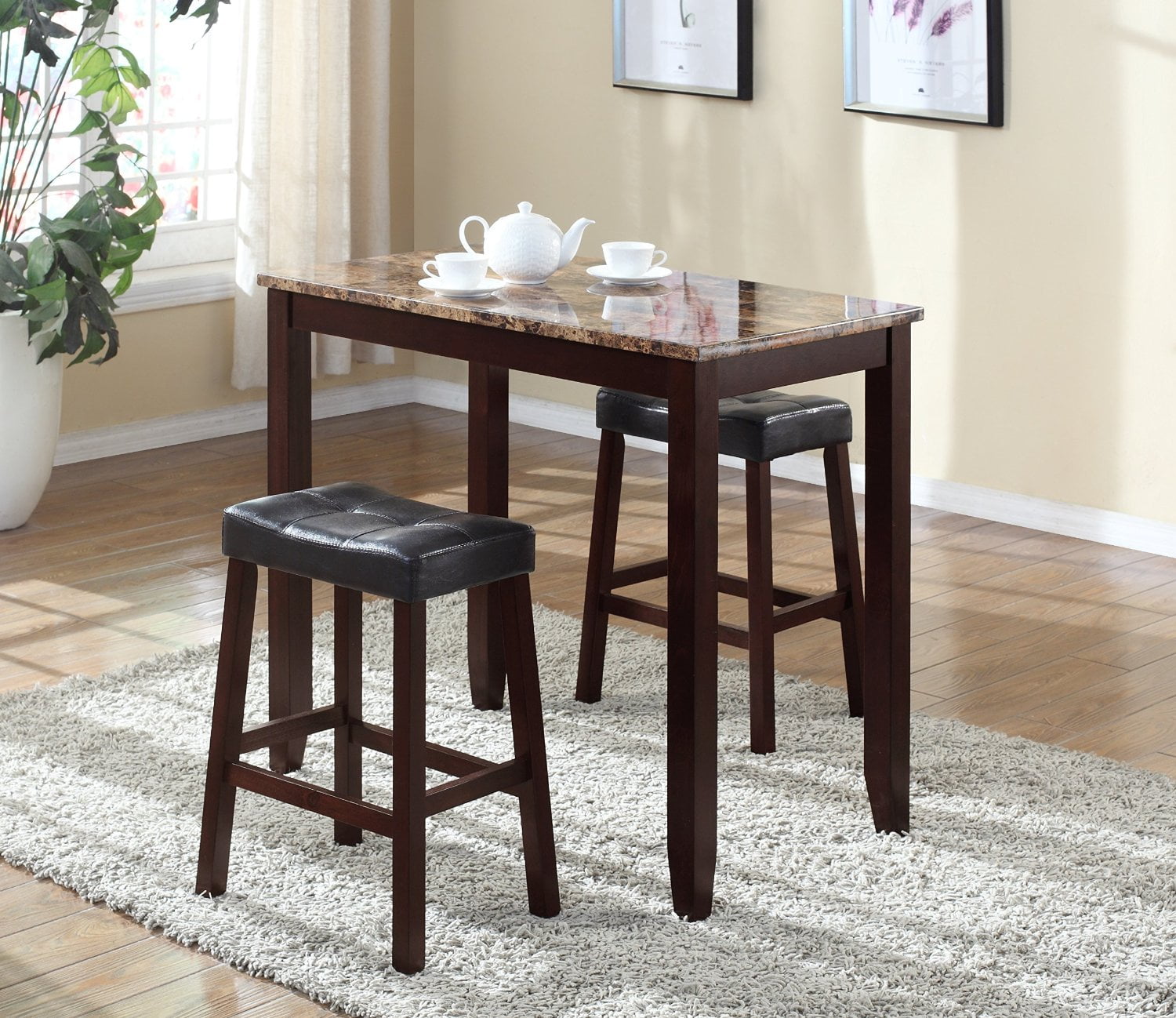 3 - Piece Bar Set with Dark Brown Blended - Leather Stools and Espresso - Finish Wood Table for Home Use