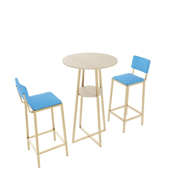 3 Piece Bar Table And Chair - Gold- Frame, High Density Sponge Seating, Practical For All Spaces Classy 3 Golden Metal, Backrests, Stylish Different Occasions