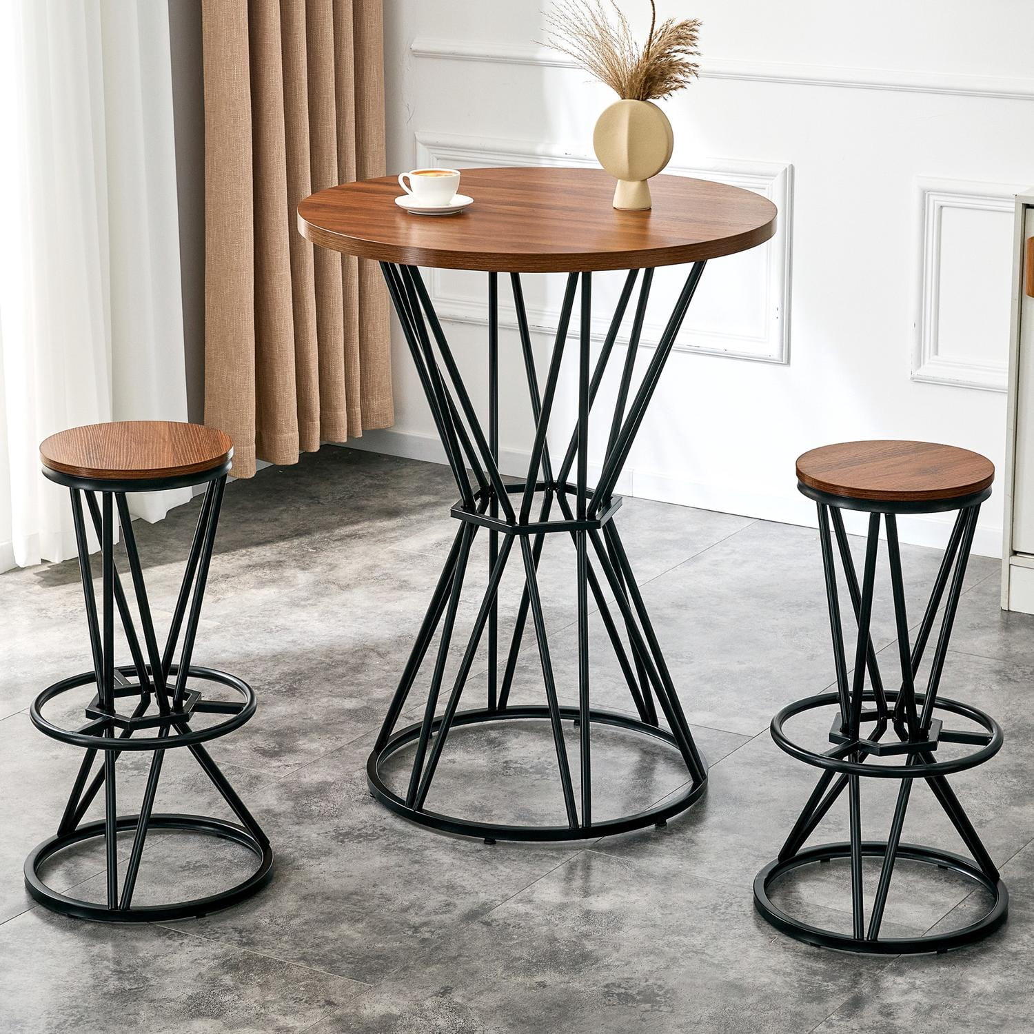 3-Piece Bar Table and Chair Set, 31.5-Inch Walnut MDF Bar Table with Black Metal Frame and 2 Bar Stools, Industrial Pub Dining Table Set for Kitchen Island Dining Space, Walnut Black