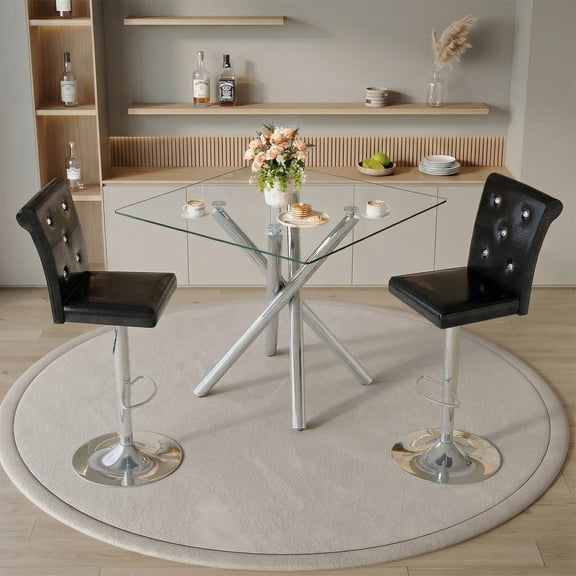 3 Piece Bar Table and Chairs Set, 38" Square Bar Table with 2 Adjustable Stools, Glass Height Pub Table with Chrome Legs, Black PVC Leather Bar Chairs for Home Bar, Small Space
