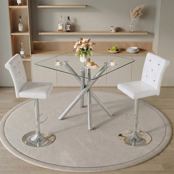 3 Piece Bar Table and Chairs Set, 38" Square Bar Table with 2 Adjustable Stools, Glass Height Pub Table with Chrome Legs, White PVC Leather Bar Chairs for Home Bar, Small Space