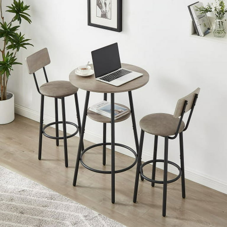 3 Piece Bar Table Set for 2 Small 2 Tier Round Bistro Pub Dining Table PU Upholstered Stools with Backrest Counter Height Table and Chairs Set for