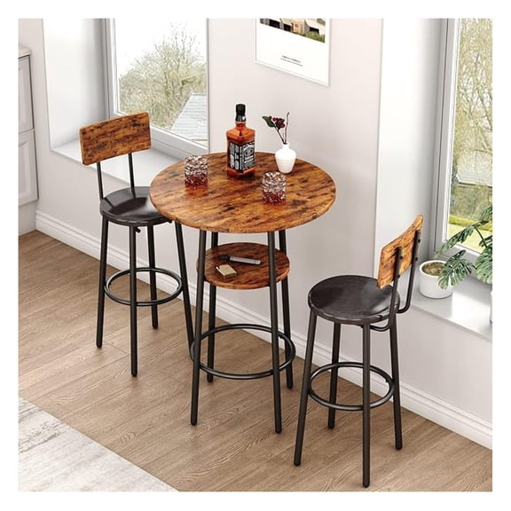3-Piece Bar Table Set for 2, Small 2-Tier Round Bistro Pub Dining Table & PU Upholstered Stools with Backrest, Counter Height Table and Chairs Set for Kitchen Small Space, Rustic Brown