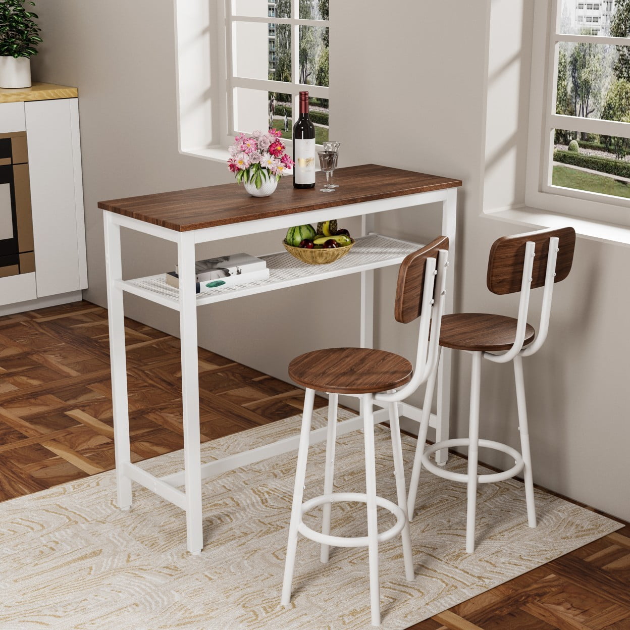 3 Piece Bar Table Set with 2 Stools, 39.4" Counter Height Dining Table with Backrest Chairs, Industrial Pub Table Set for Kitchen, Apartment, Restaurant, Brown+White