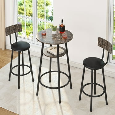 LEGAHOME Bar Height Dining Set for 2, 3-Piece Round Kitchen Table with Back Support Chairs, 14.17" Wide Seat Stools and Pub Table Set, Small Space Breakfast Pub Table Set, Brown