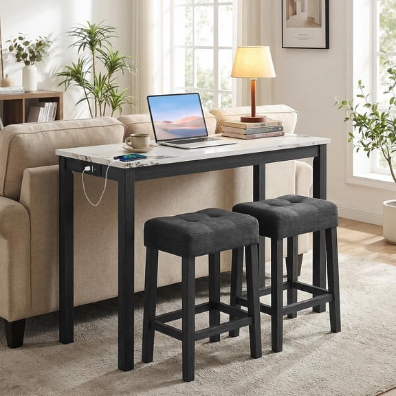 3-Piece Bar Table Set with Charging Station, Modern Counter Height Breakfast Table w/Faux Marble Top & 2 Padded Stools, Wooden Console Table Set for Living Room, Kitchen, Dining Room (White)