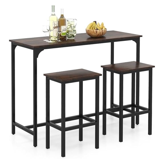 3-Piece Bar Table Set, Industrial Counter Height Kitchen Table and 2 Stools with Metal Frame, Rectangular Pub Table Set for Dining Room, Breakfast Nook, Small Space, Rustic Brown