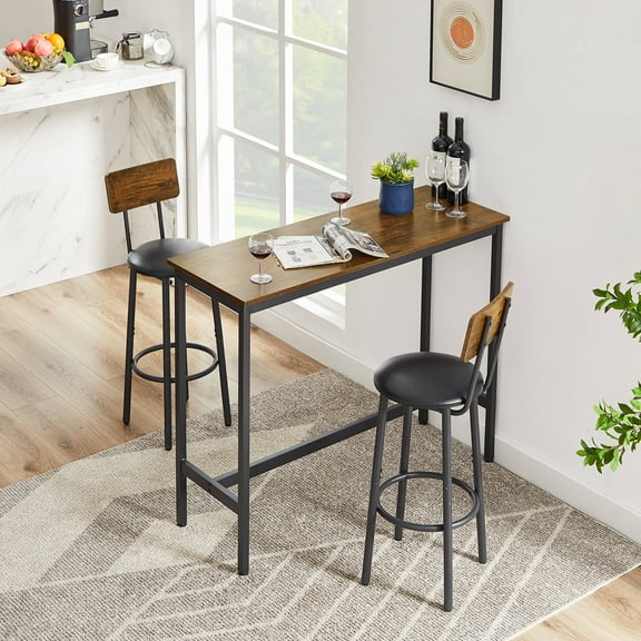 Modern Counter Height Pub Set, 3 Piece Dining Table Set with 2 Cushioned Stools, Extra Long Bistro Bar Table with Footrest, Kitchen Breakfast Table Set for 2, Rustic Brown