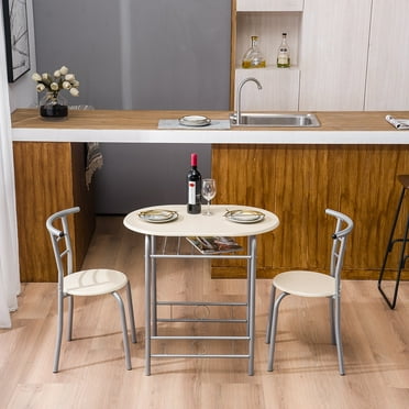 3 Piece Bar Table Set, Small Space Table Set for 2, Wooden Pub Table Set with Metal Frame and Shelf Storage, Couple Breakfast Nook Bistro Sets, Beige