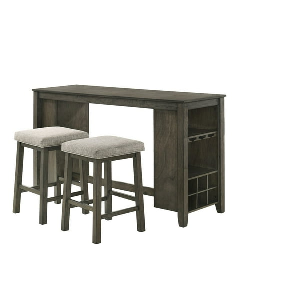 3 Piece Bar Table Set, Stemware Rack and Cubbies, Rustic Brown Wood Frame