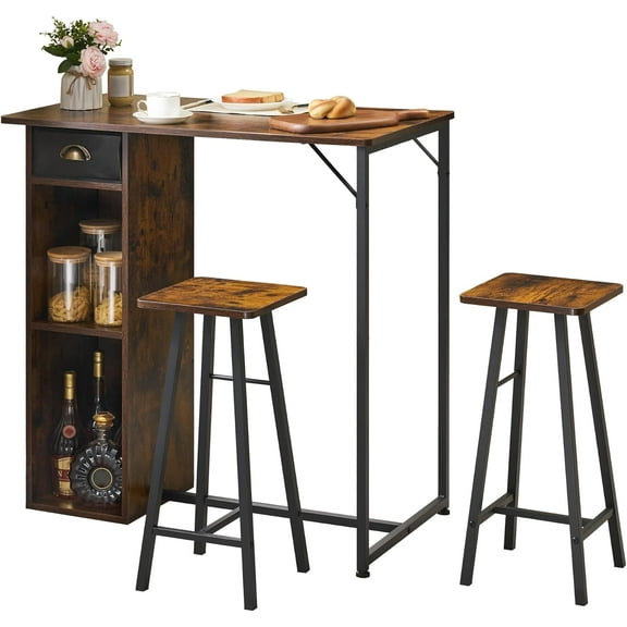 3-Piece Bar Table Set for 2: Counter Height Wooden Table with Storage Drawer & Shelves, Ideal for Small Spaces and Apartments