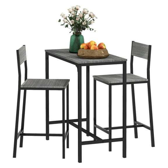 3 Piece Bar Table Set for 2, Industrial Counter Height Dining Table with Stools, Kitchen Breakfast Table for Small Spaces, Gray Finish
