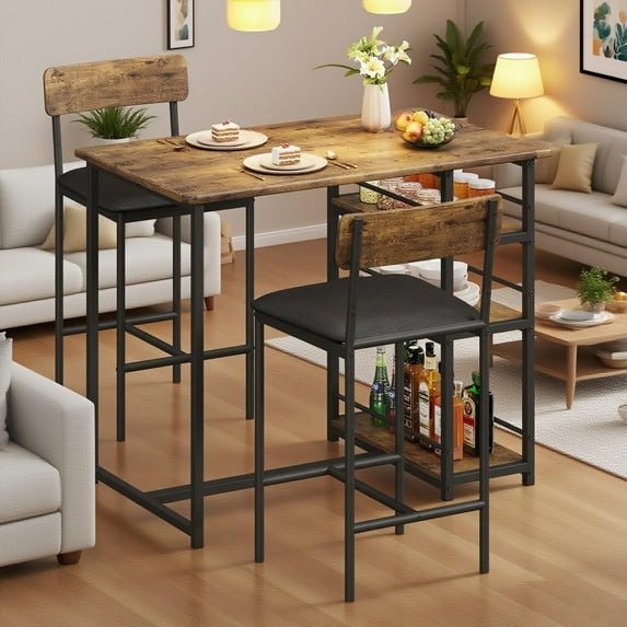 3 Piece Bar Table Set with 2 Upholstered Counter Stools , Compact Dining for Apartments, Breakfast Nooks, Space Saving