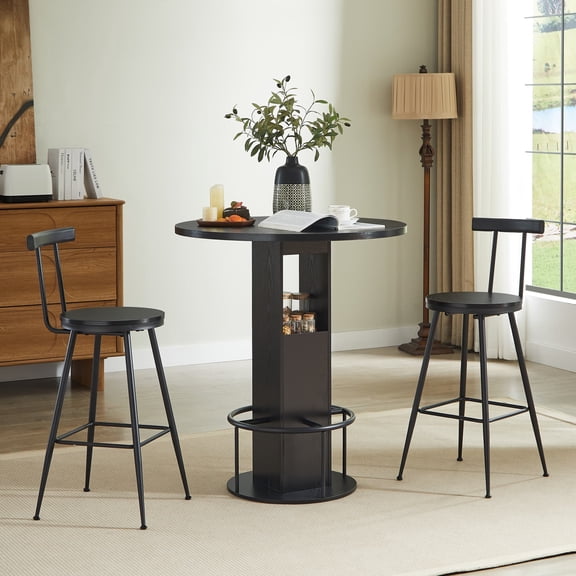 3-Piece Bar Table and Stool Set, 31.5 Inch Round Bar Table with 2 Stools, Compact Wooden Dining Set with Metal Ring Footrest, for Small Spaces Kitchen Restaurant, Black