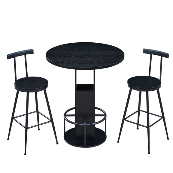 3-Piece Bar Table and Stool Set 31.5 Inch Round Bar Table with 2 Stools Wooden Dining Bar Set with Metal Ring Footrest, Compact for Cafe Bar Kitchen Living Room & Small Spaces Black