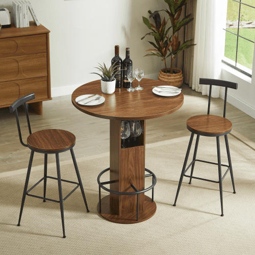 3-Piece Bar Table and Stool Set, 31.5 Inch Round Wood Dining Table with Metal Ring Footrest and 2 Stools for Kitchen, Living Room, Cafe, Walnut