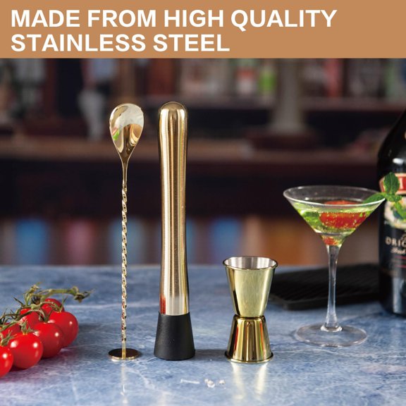 3-Piece Bar Tool Set - Muddler, Cocktail Spoon & Jigger for Beverage Mixing