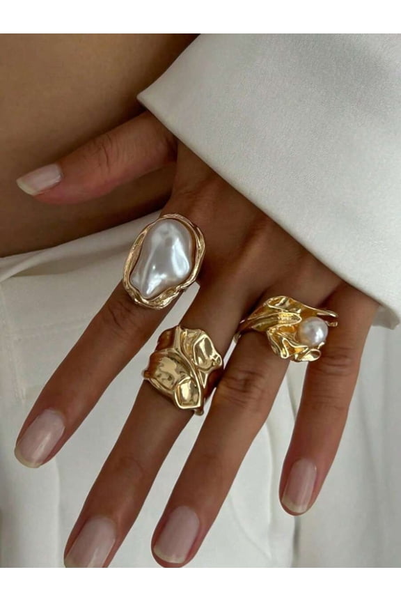3-Piece Baroque-Style Gold-Tone Faux Pearl Stacking Ring Set Gold-6