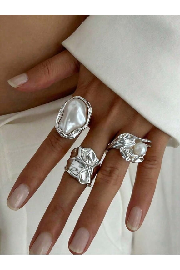 3-Piece Baroque-Style Silvertone Faux Pearl Stacking Ring Set For Women