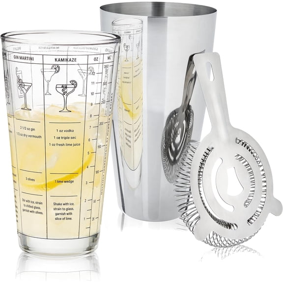 3-Piece Barware Set for Mixed Drinks and Cold Brew Cocktails, Includes Cocktail Shaker Tin, Cocktail Mixing Glass with 7 Printed Recipes, and Hawthorne Strainer, Home Bar Tools, Bartender Gifts