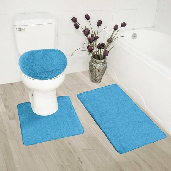 3 Piece Basic Polyester Ultra Plush Rugs Set with Toilet Lid Cover Bathroom Set #6 (Aqua Turquoise)