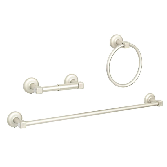 3 Piece Bath Hardware Set in brushed nickel. Wall mounted. 24 inch towel bar, hand towel, toilet paper holder