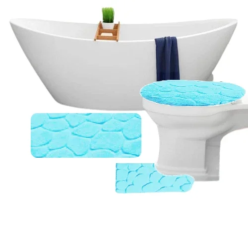 Gorgeous Home Linen 3-Pc Bath Rock Pebble Cobblestone Aqua Marine Color Embossed Memory Foam Plush Anti Slip
